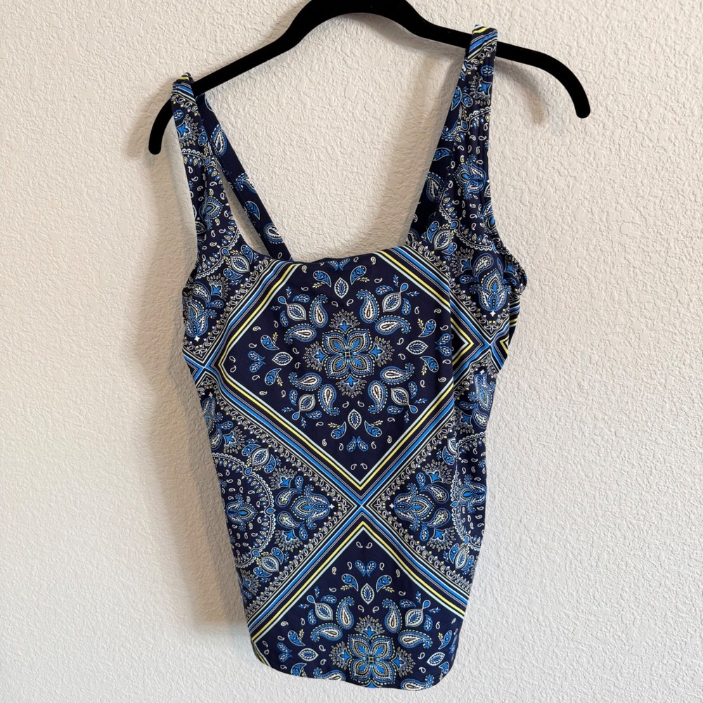 Lands End Womens Navy Paisley Bandana Print Tankini Swim Top D-Cup Size 8 D